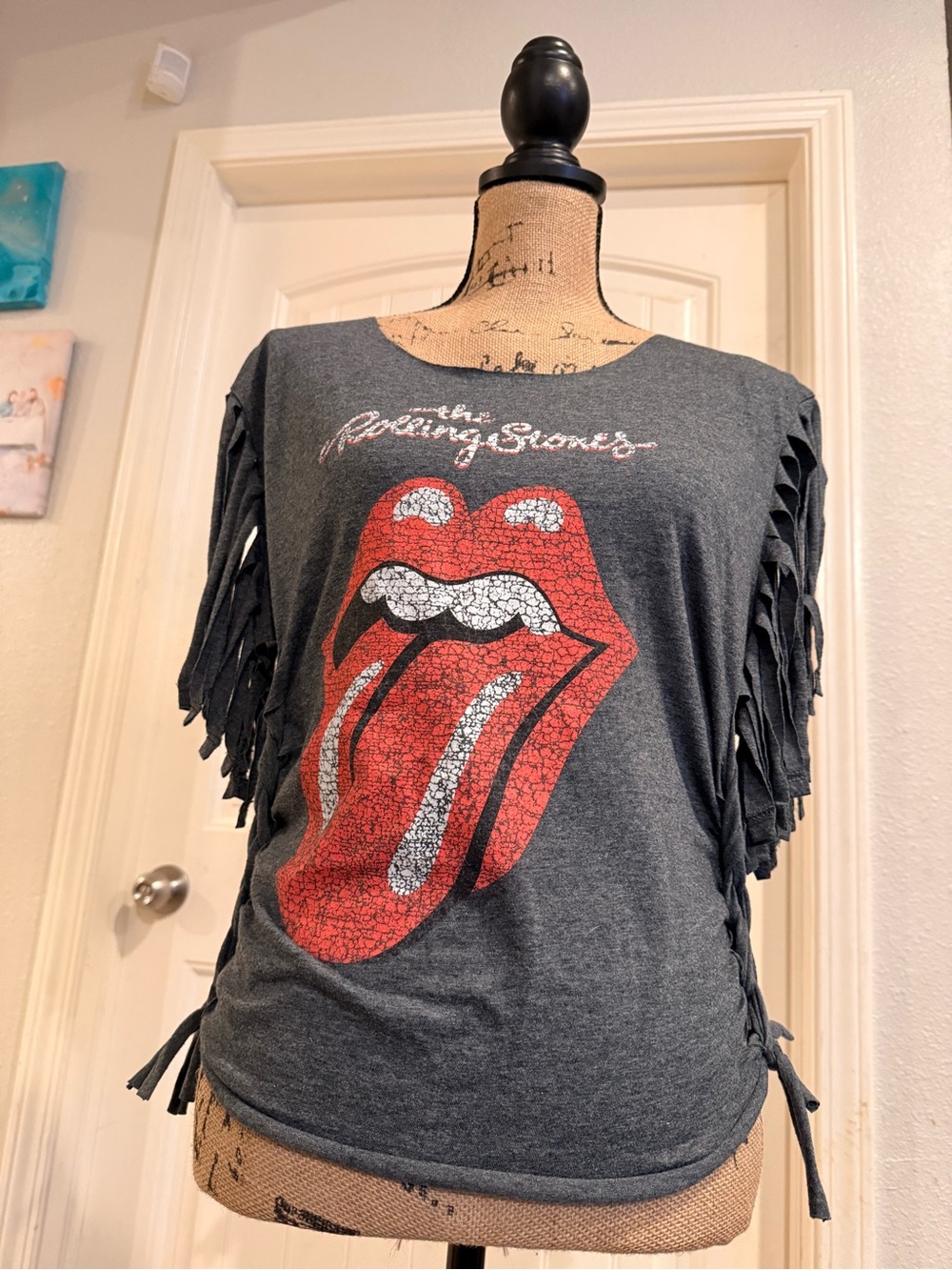 the Rolling Stones Charcoal Fringe Short Sleeve Tee with Red Tongue Graphic
